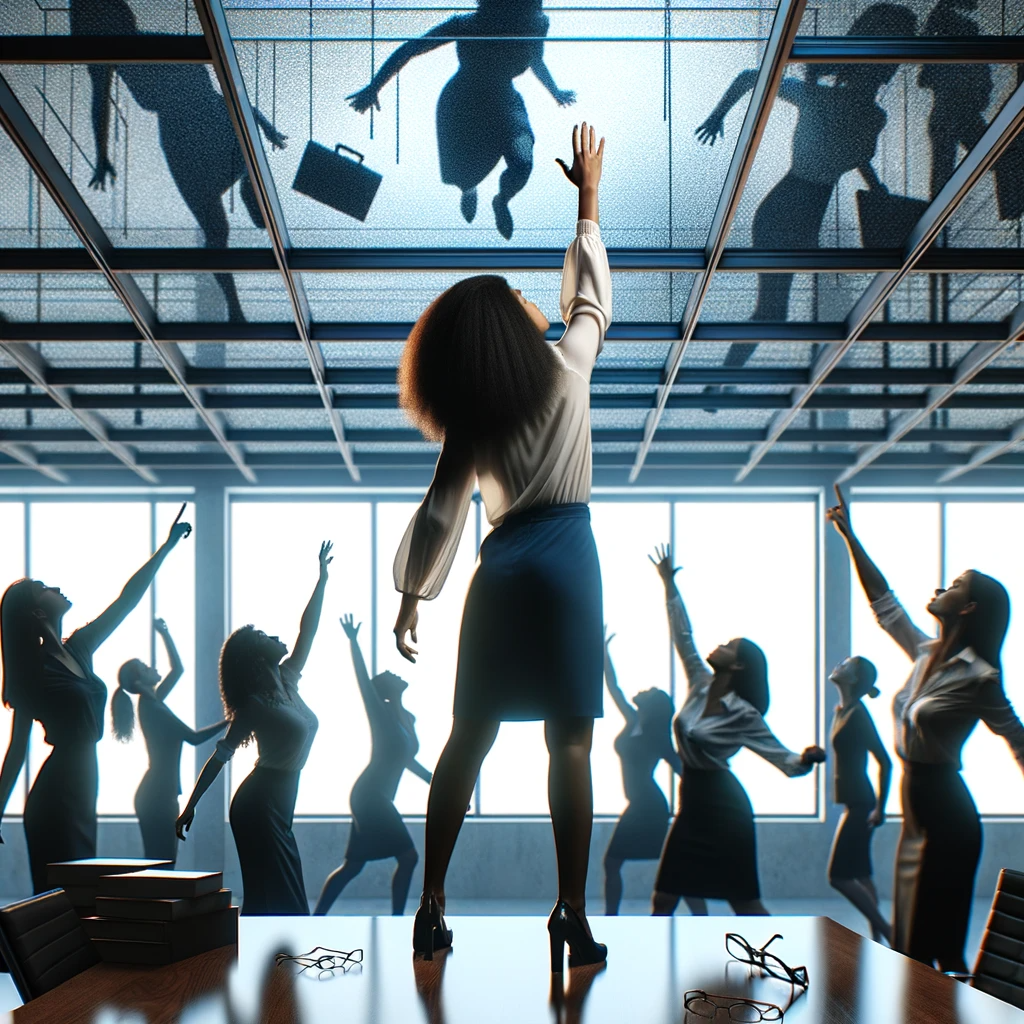 Photo-depicting-a-metaphorical-scene-of-a-young-African-American-woman-reaching-towards-a-glass-ceiling