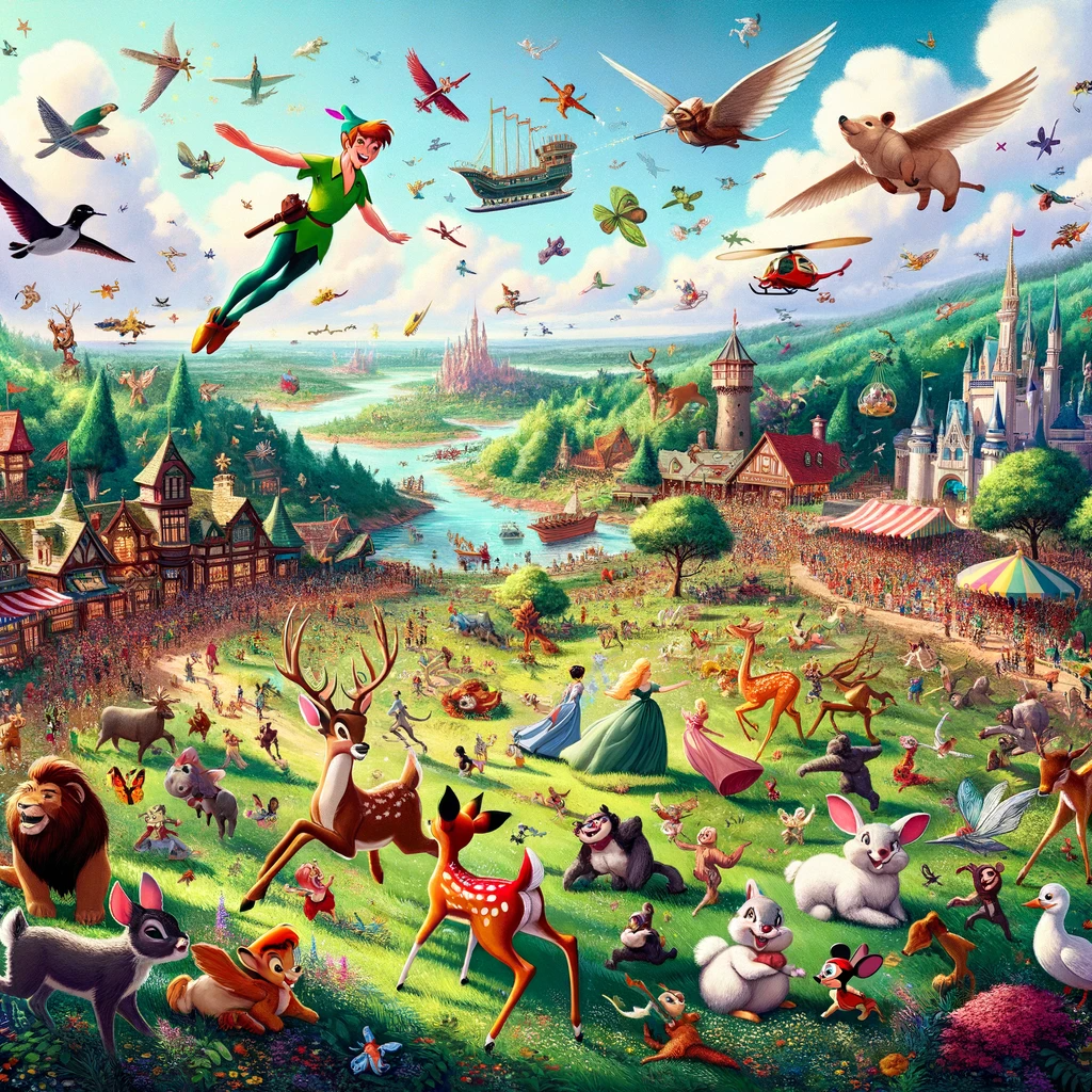 Walt Disneys-success-A-whimsical-landscape-filled-with-iconic-Disney-heroes-from-Peter-Pan-flying-overhead-to-Bambi