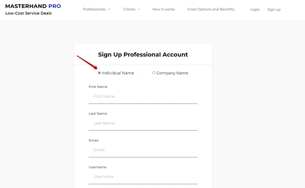 sign up as a professional form 2