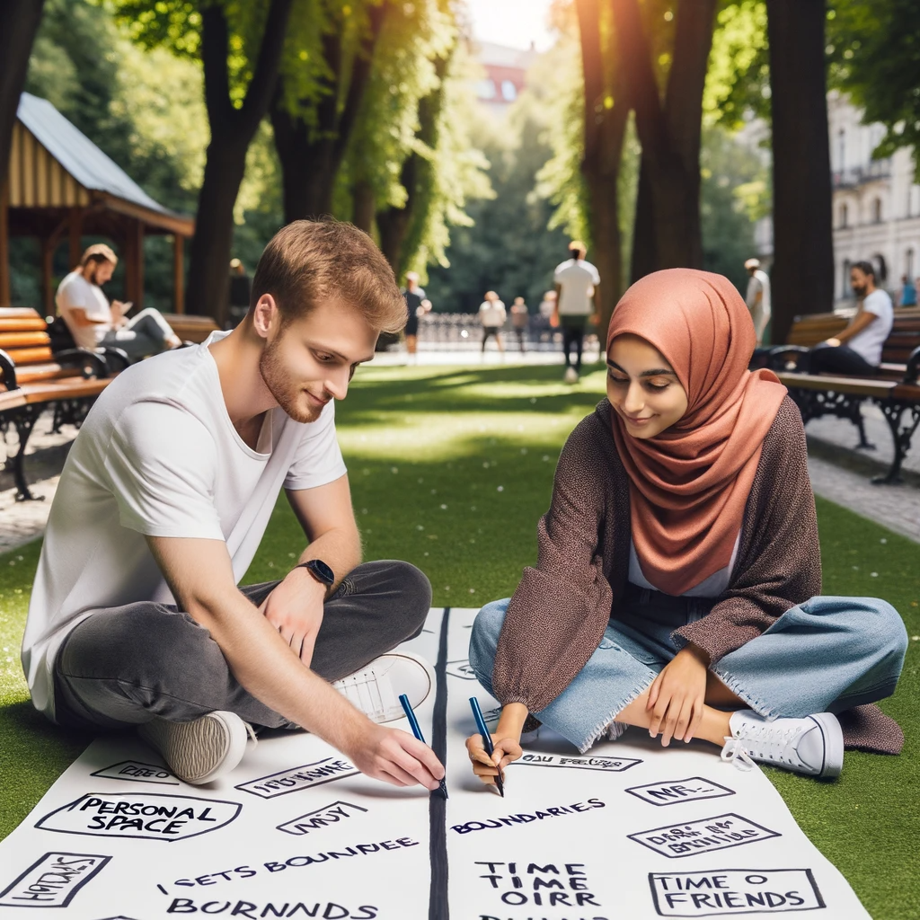 Photo-of-two-people-a-white-male-and-a-Middle-Eastern-female-sitting-in-a-park-They-are-drawing-lines-on-a-large-white-poster