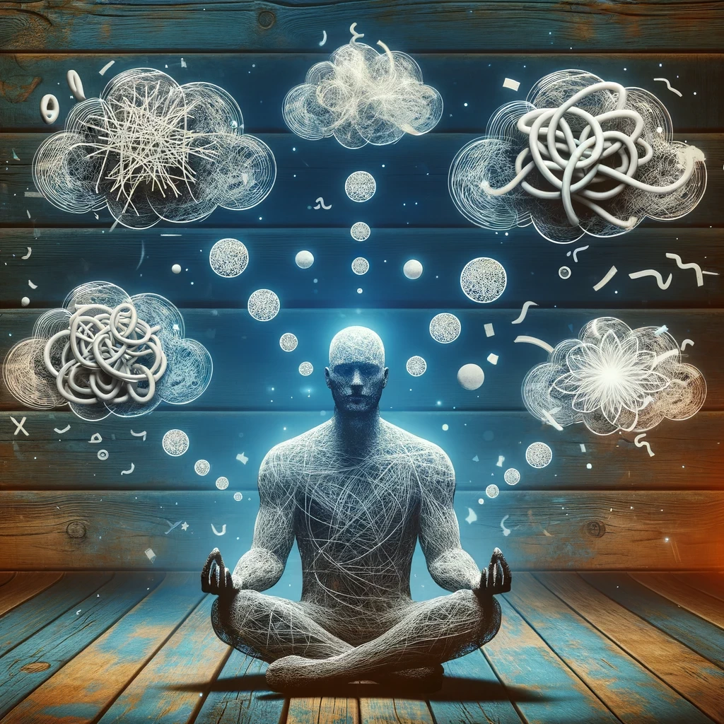 A-conceptual-image-illustrating-the-psychological-aspect-of-decluttering-showing-a-person-sitting-in-a-meditative-pose-surrounded-by-thought-bubbles