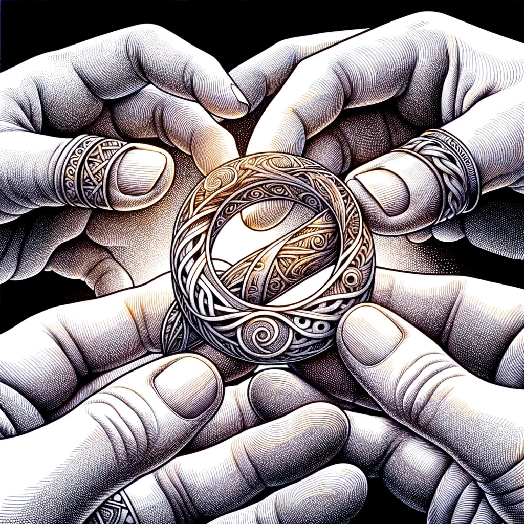 An-artistic-representation-of-two-hands-exchanging-a-beautifully-crafted-friendship-ring-with-intricate-designs-that-symbolize-unity-and-connection