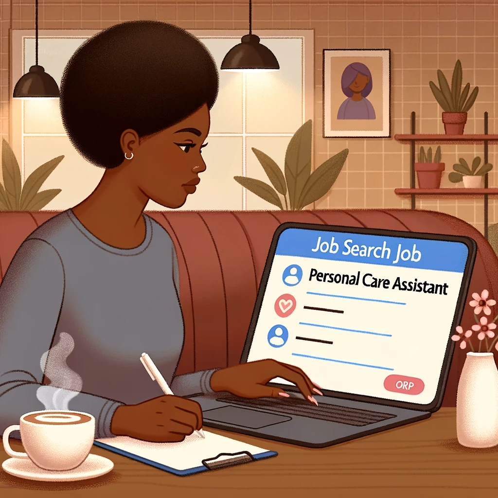 Illustration-of-a-young-African-American-woman-searching-for-personal-care-jobs-on-a-laptop-in-a-cozy-coffee-shop-The-screen-displays-a-popular-job
