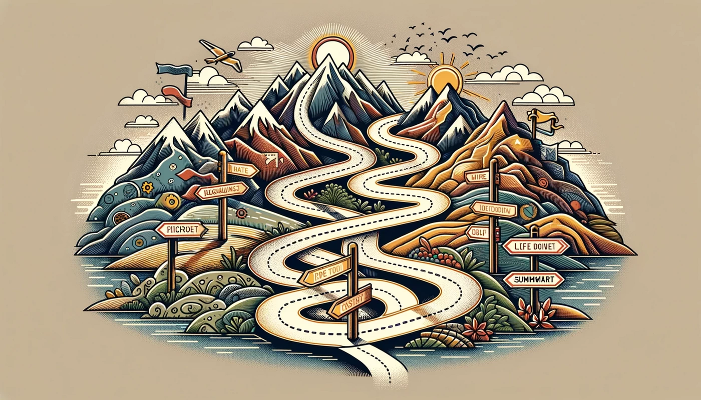 Illustration-of-an-intricate-map-with-a-road-winding-through-various-terrains