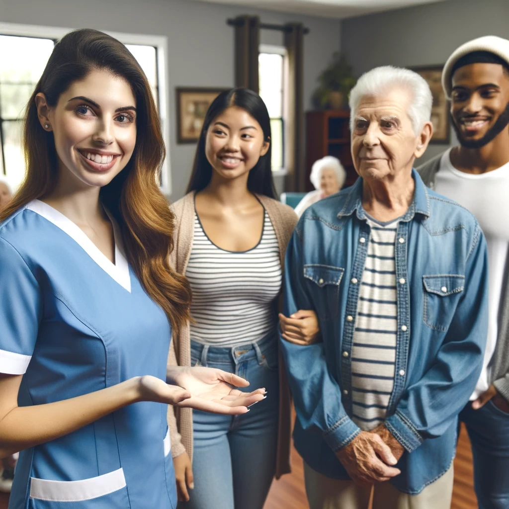 Photo-of-a-diverse-group-of-people-visiting-a-local-senior-center-A-Caucasian-nurse-is-giving-a-tour-to-a-group-including-a-young-Hispanic-woman