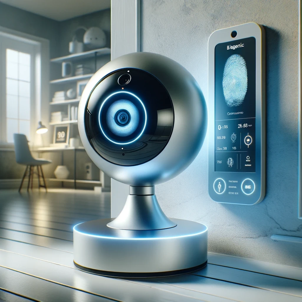 Photo-of-a-futuristic-home-security-camera-system-with-biometric-scanning-capabilities-prominently-featuring-a-sleek-spherical-camera-mounted-on-a