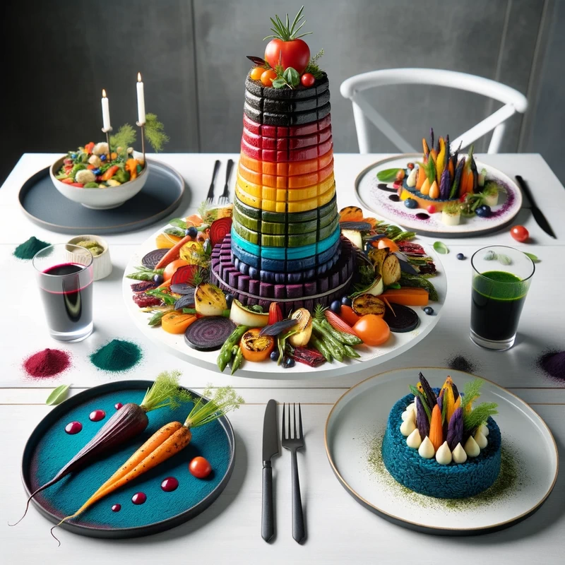 Photo-of-a-main-course-arrangement-for-a-color-themed-party-featuring-a-colorful-grilled-vegetable-tower