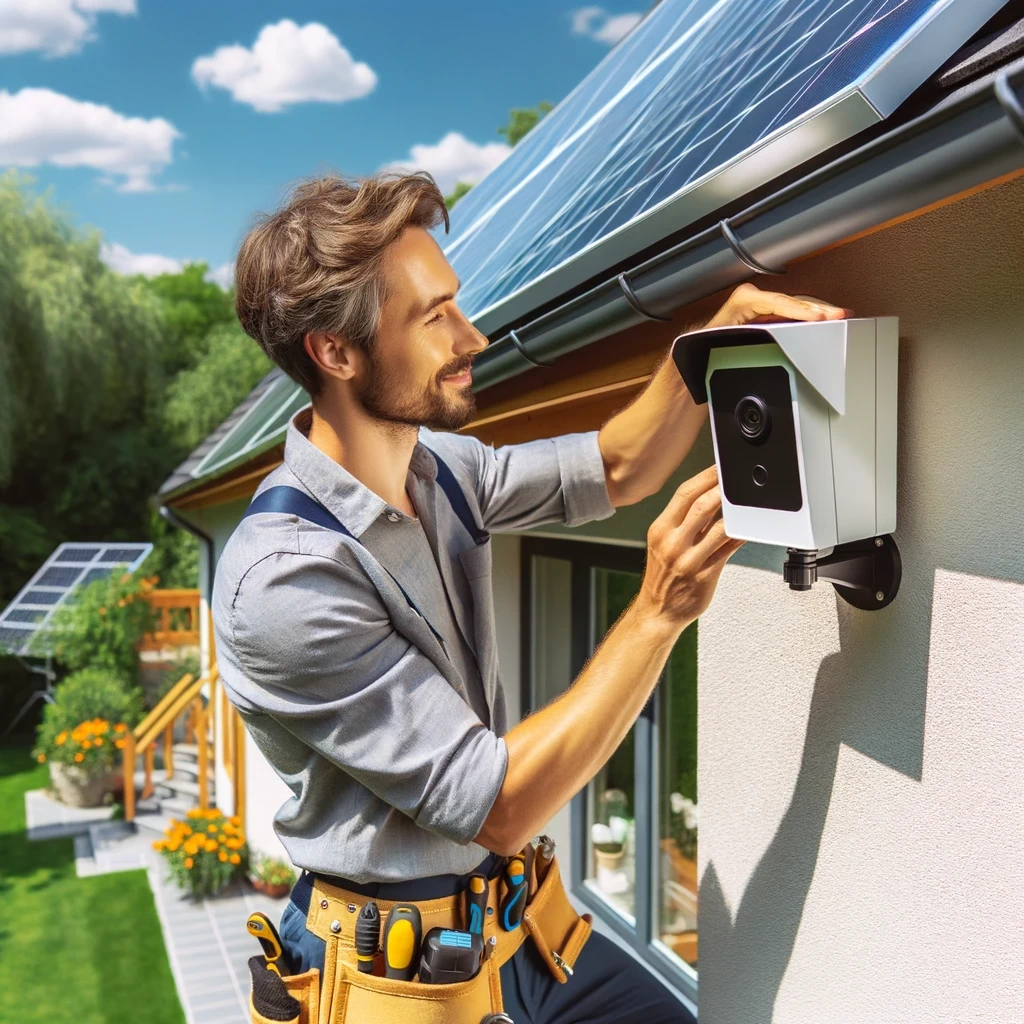 Photo-of-a-technician-installing-a-solar-powered-security-system-on-a-bright-sunny-day-The-technician-wearing-a-tool-belt-is-adjusting