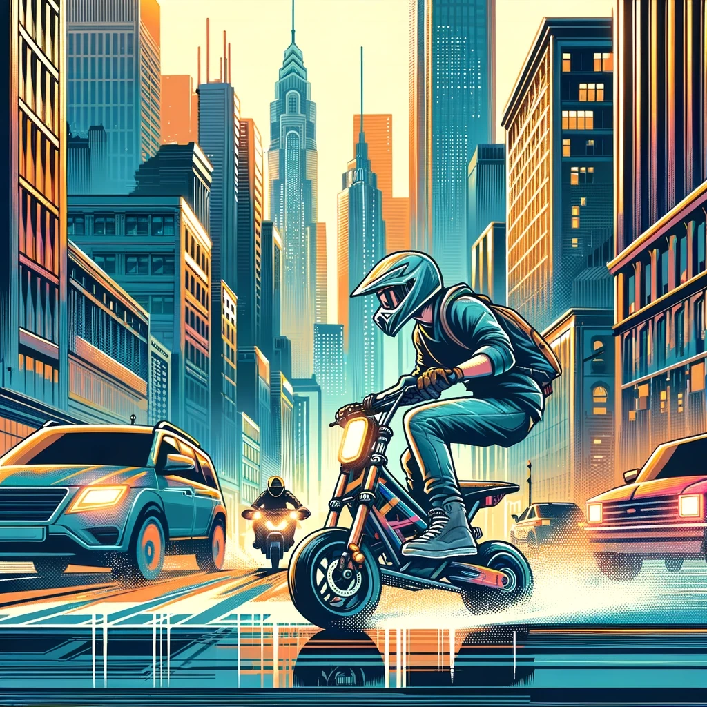 Urban-scene-with-a-rider-on-a-mini-bike-navigating-through-city-streets-showcasing-skyscrapers-and-urban-traffic-in-the-background-The-scene-should
