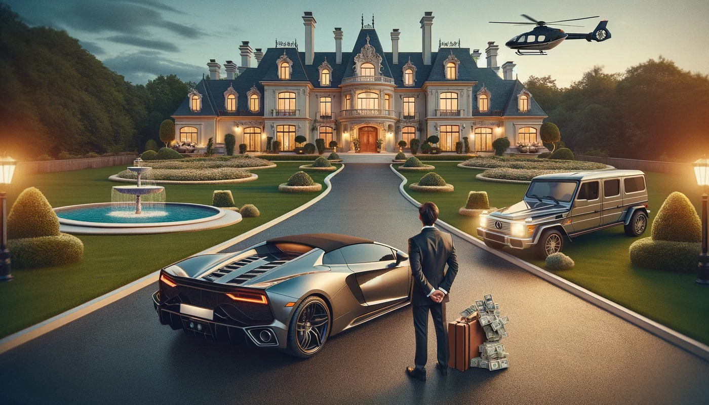 a-person-previously-a-lottery-winner-now-dressed-elegantly-and-standing-beside-a-high-end-sports-car-in-front-of-a-large-opulent-mansion