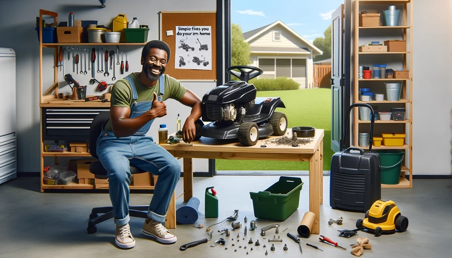 mower-repair-service-you-can-do-at-home-unleashing-your-inner-mechanic-showing-a-cheerful-black-man-in-casual-clothing-in-his-garage